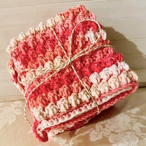 Homemade Crocheted Dishtowels with a Bubble pattern, Pink and White